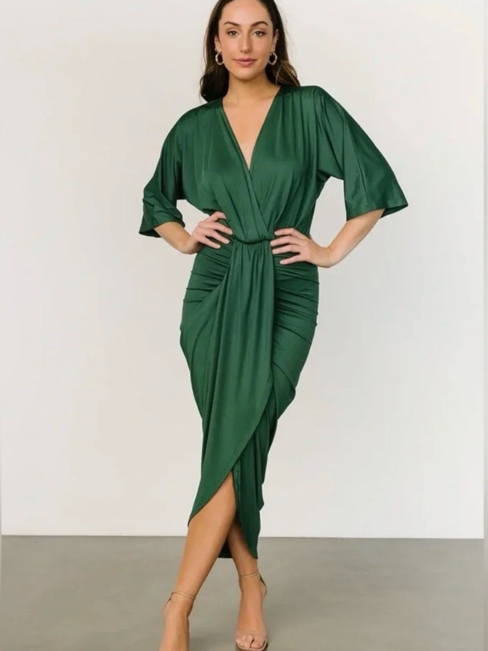 Baltic Born Flattering Elegant Green Draped V Neck Midi Dress Assymetrical Flowy